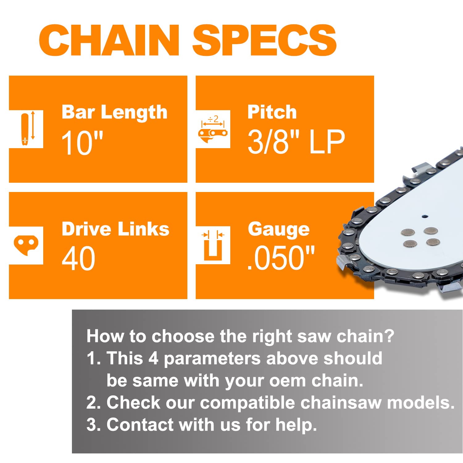 SUNGATOR 3-Pack 10 Inch Chainsaw Chain SG-S40, 3/8" LP Pitch - .050" Gauge - 40 Drive Links, Compatible with Remington, Craftsman, Poulan, Worx