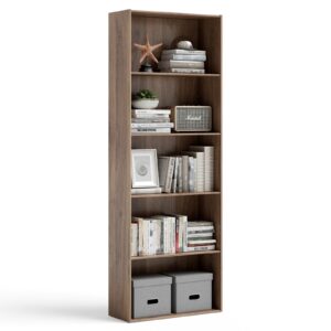 tangkula 5-shelf bookcase, 23.5''l x 9.5''w x 67''h, multi-functional wood storage display open bookshelf for home office (walnut)
