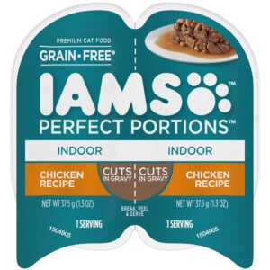 iams perfect portions indoor adult grain free* wet cat food cuts in gravy, chicken recipe, (24) 2.6 oz. easy peel twin-pack trays
