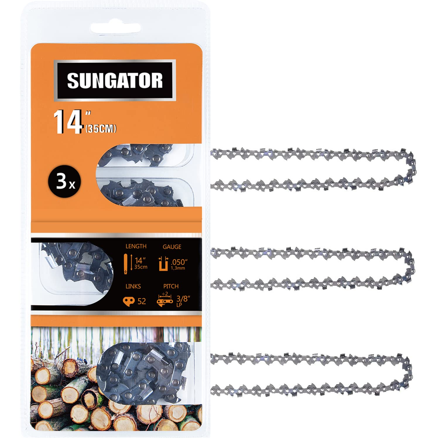 SUNGATOR 3-Pack 14 Inch Chainsaw Chain SG-S52, Compatible with Echo CS310, Ryobi RY3714, 3/8" LP Pitch - .050" Gauge - 52 Drive Links, Compatible with Craftsman, Poulan, Ryobi, Homelite, Echo and more