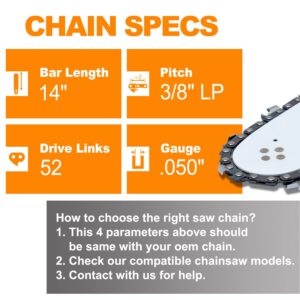 SUNGATOR 3-Pack 14 Inch Chainsaw Chain SG-S52, Compatible with Echo CS310, Ryobi RY3714, 3/8" LP Pitch - .050" Gauge - 52 Drive Links, Compatible with Craftsman, Poulan, Ryobi, Homelite, Echo and more