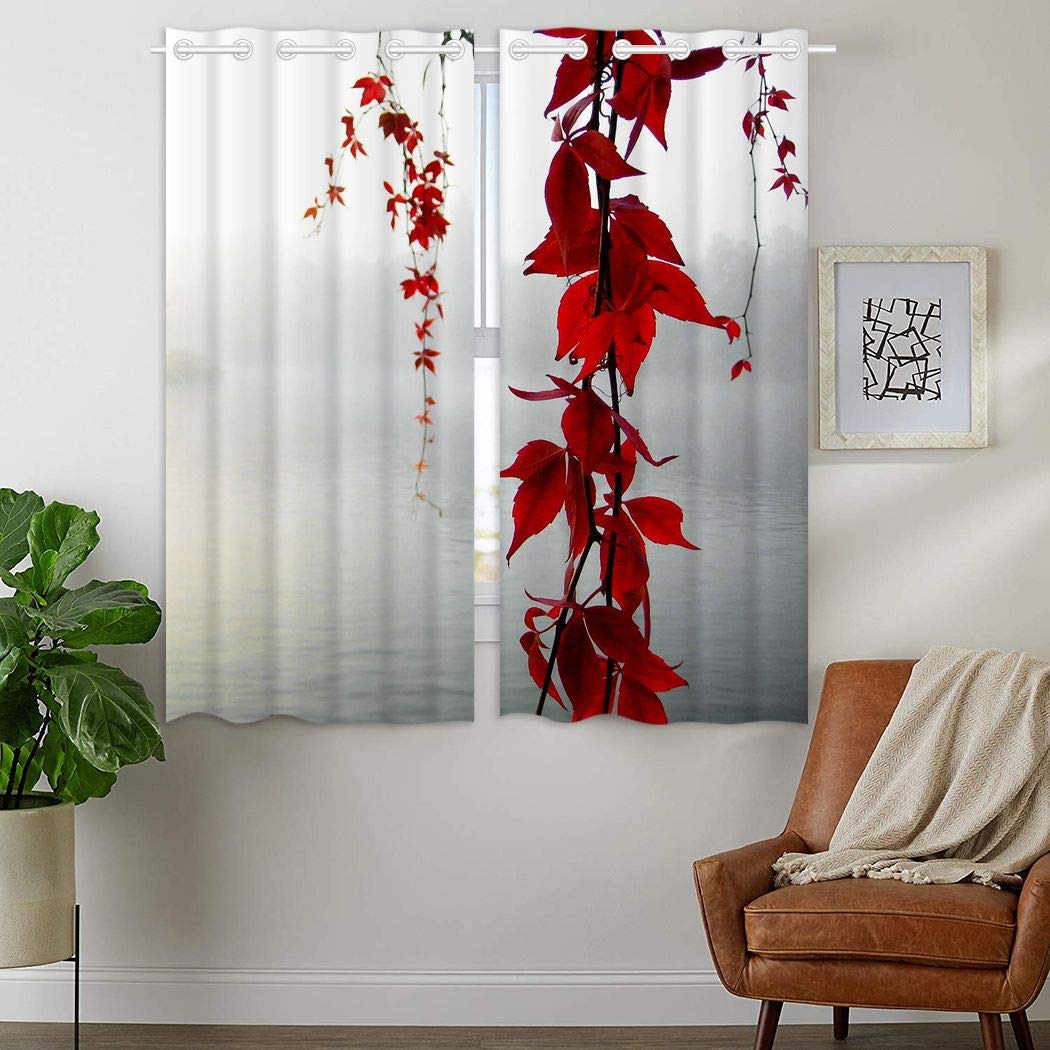 HommomH 42x 63 inch Curtains (2 Panel) Grommet Top Darkening Blackout Room Red Grey Leaves Flowers Fog