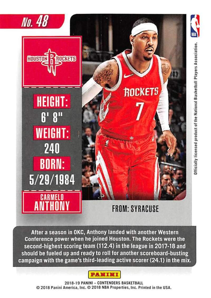 2018-19 Panini Contenders Season Ticket #48 Carmelo Anthony Houston Rockets NBA Basketball Trading Card