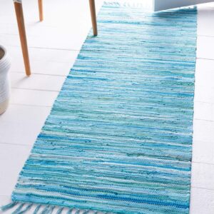 Unique Loom Chindi Cotton Collection Soft Hand Woven Natural Fiber Striped Area Rug, 2 ft 2 in x 6 ft 7 in, Turquoise/Ivory