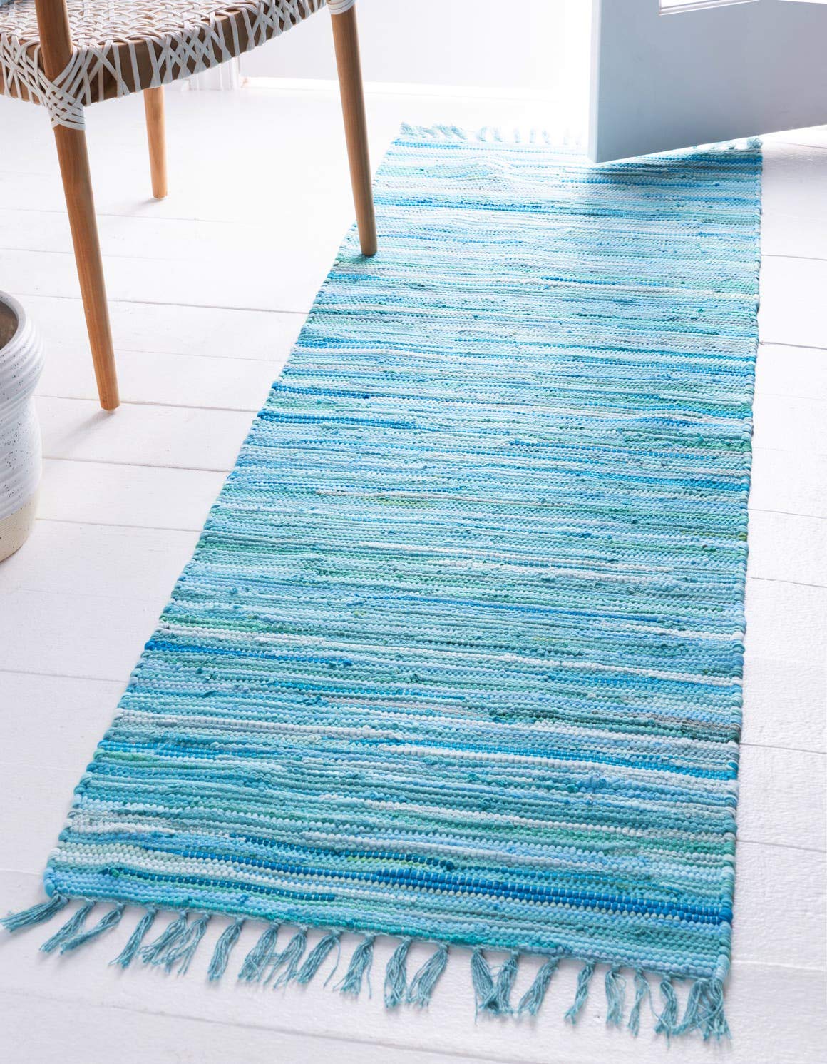 Unique Loom Chindi Cotton Collection Soft Hand Woven Natural Fiber Striped Area Rug, 2 ft 2 in x 6 ft 7 in, Turquoise/Ivory