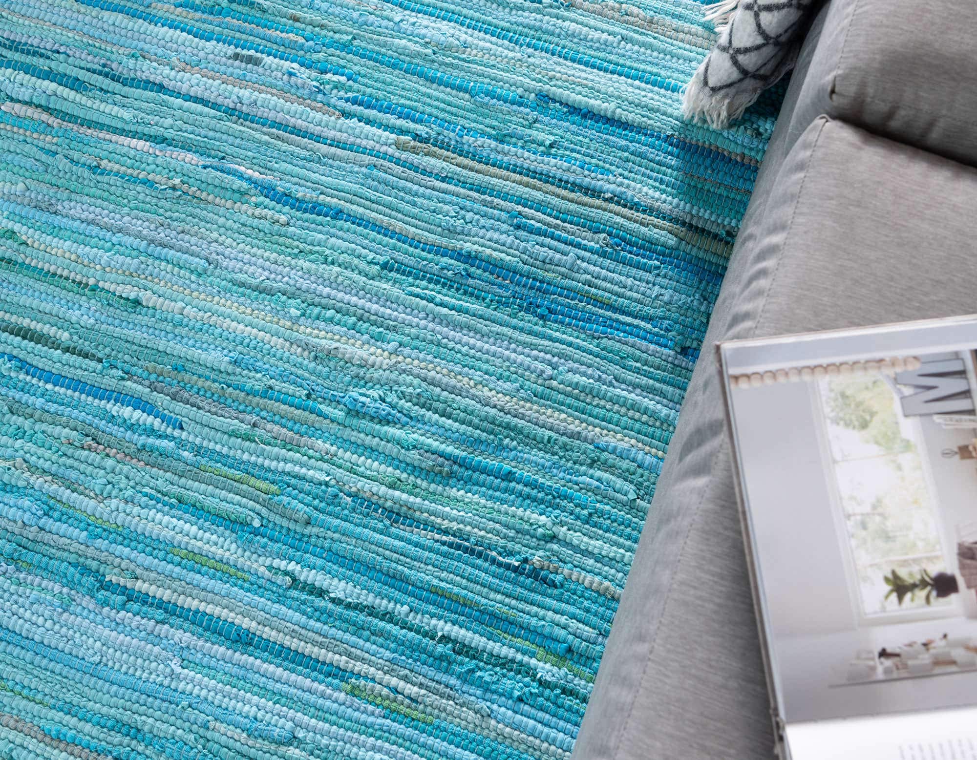 Unique Loom Chindi Cotton Collection Soft Hand Woven Natural Fiber Striped Area Rug, 2 ft 2 in x 6 ft 7 in, Turquoise/Ivory