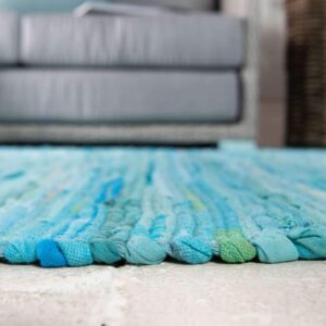 Unique Loom Chindi Cotton Collection Soft Hand Woven Natural Fiber Striped Area Rug, 2 ft 2 in x 6 ft 7 in, Turquoise/Ivory