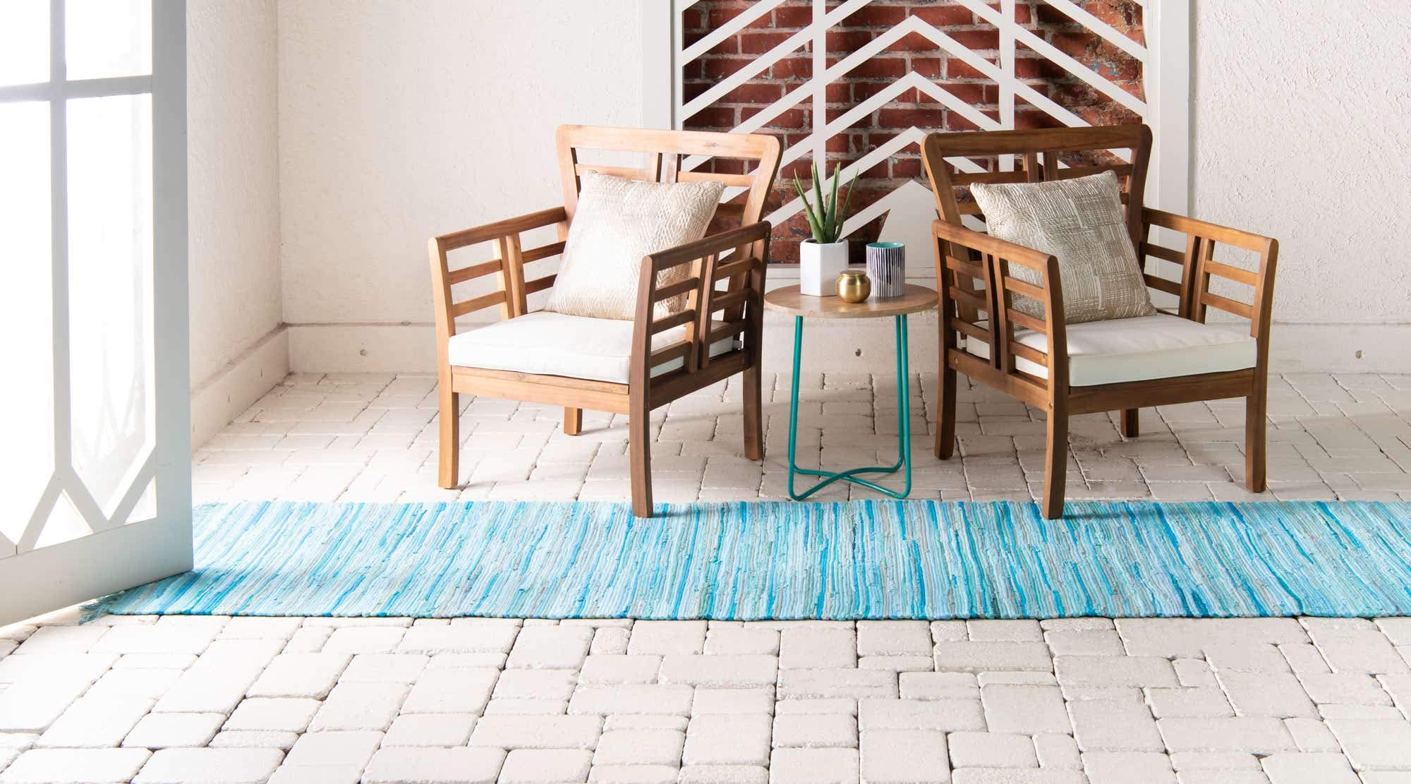 Unique Loom Chindi Cotton Collection Soft Hand Woven Natural Fiber Striped Area Rug, 2 ft 2 in x 6 ft 7 in, Turquoise/Ivory