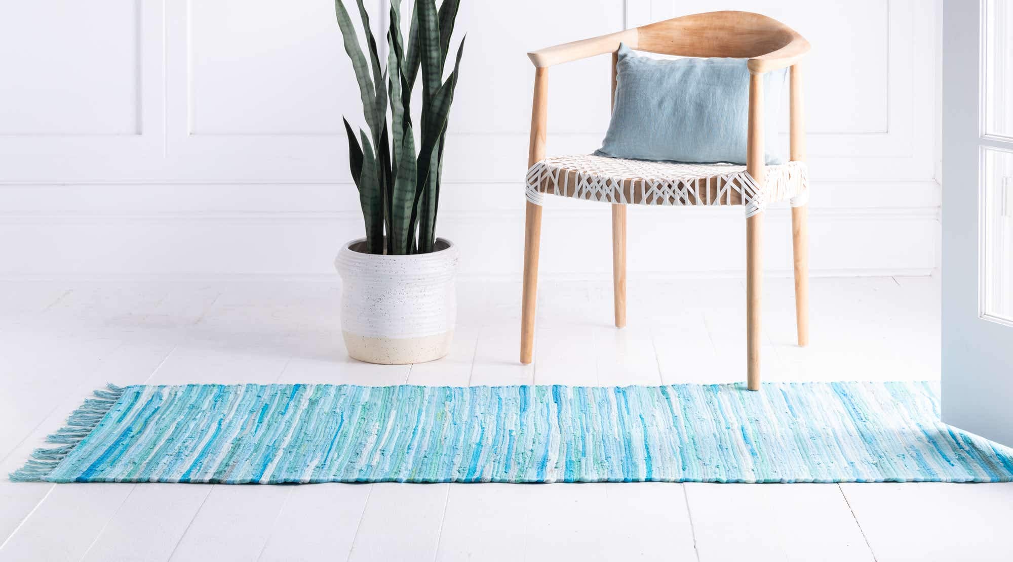 Unique Loom Chindi Cotton Collection Soft Hand Woven Natural Fiber Striped Area Rug, 2 ft 2 in x 6 ft 7 in, Turquoise/Ivory