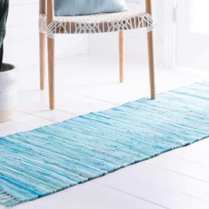 Unique Loom Chindi Cotton Collection Soft Hand Woven Natural Fiber Striped Area Rug, 2 ft 2 in x 6 ft 7 in, Turquoise/Ivory