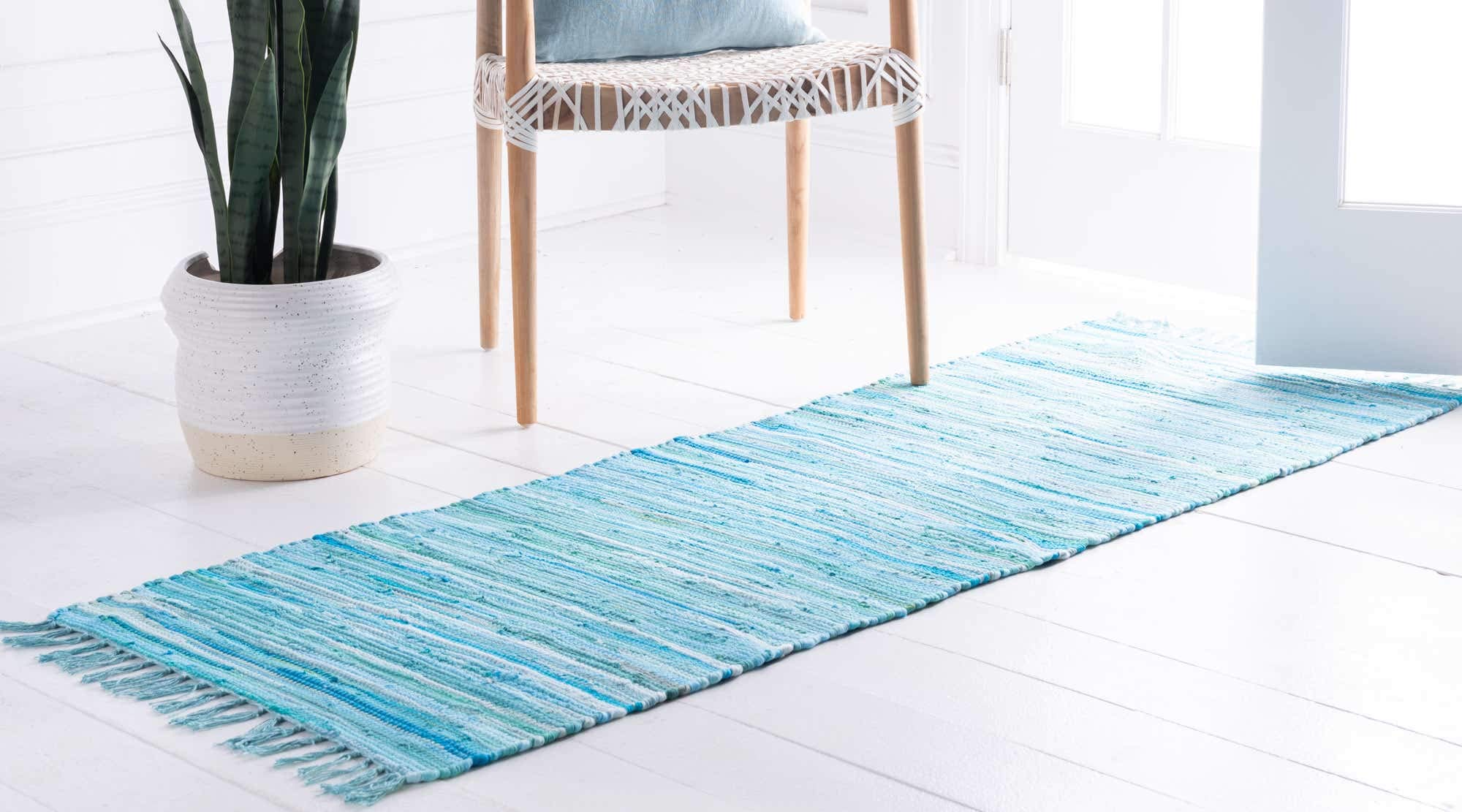 Unique Loom Chindi Cotton Collection Soft Hand Woven Natural Fiber Striped Area Rug, 2 ft 2 in x 6 ft 7 in, Turquoise/Ivory