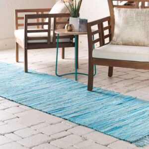 Unique Loom Chindi Cotton Collection Soft Hand Woven Natural Fiber Striped Area Rug, 2 ft 2 in x 6 ft 7 in, Turquoise/Ivory