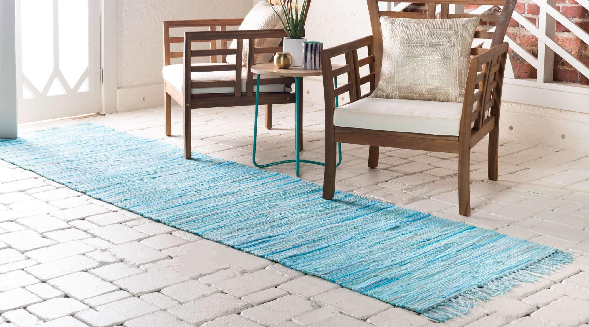 Unique Loom Chindi Cotton Collection Soft Hand Woven Natural Fiber Striped Area Rug, 2 ft 2 in x 6 ft 7 in, Turquoise/Ivory