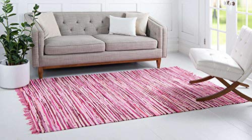 Unique Loom Chindi Cotton Collection Hand Woven Natural Fibers Area Rug_CCH002, 4 ft x 6 ft, Pink/Ivory