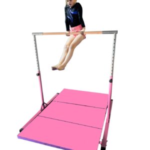 X-Factor 5 Ft Horizontal Bar Athletic Teens Adjustable Gymnastics Children Junior Training Kip Bars Pink with 4Ft x 6Ft Gymnastic Mat Set