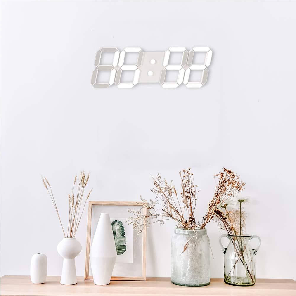 FidgetGear Modern Digital 3D White LED Wall Clock Alarm Clock Snooze 12/24 Hour Display USB