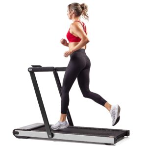 sunny health & fitness asuna space saving treadmill, motorized with low profile, speakers & slim folding - 8730,black