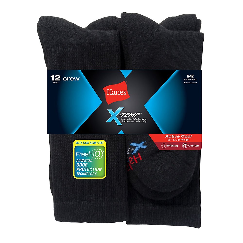 Hanes Men's Active Cool 12-Pack Crew Socks (Shoe: 6-12 (Normal Size), Black)