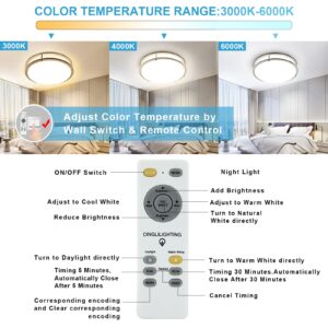 DLLT 30W Modern Dimmable LED Flush Mount Ceiling Light Fixture with Remote-13.31 Inch Round Close to Ceiling Lights for Living Room/Kitchen/Bedroom/Dining Room, 3000K-6000K 3 Light Color Changeable