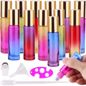 inice 12 Pack,Roller Bottles Gradient Color Glass for Essential Oils,10ml Roll on Bottle with Golden Metal Cap for Perfume