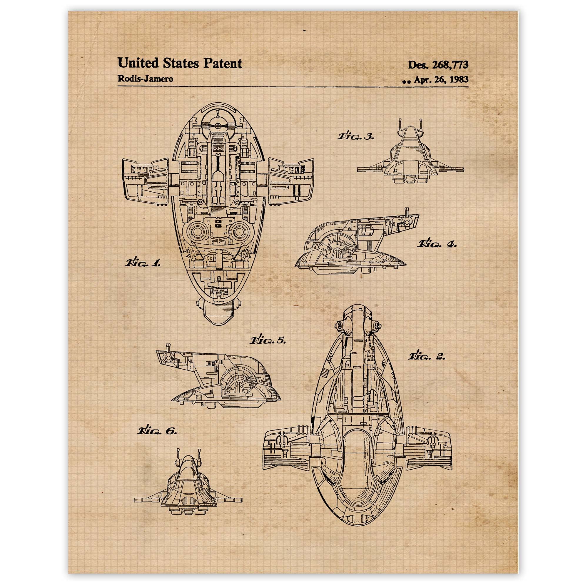 Vintage Slave 1 Space Vessel Patent Prints, 1 (11x14) Unframed Photos, Wall Art Decor Gifts for Home Star Sci-Fi Wars Office Gears Garage Game Comic-Con Studio Shop Engineer Student Teacher Coach Fans