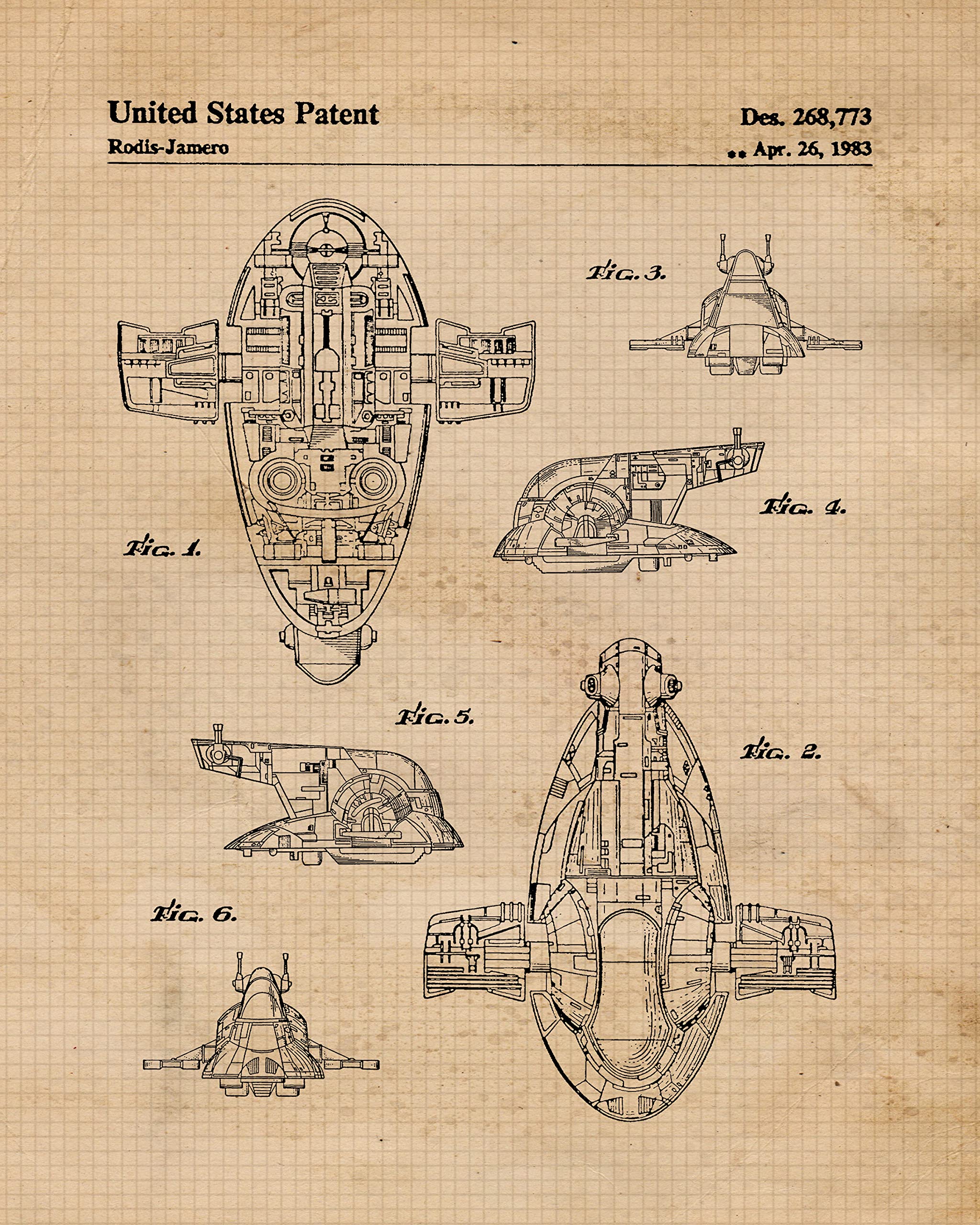 Vintage Slave 1 Space Vessel Patent Prints, 1 (11x14) Unframed Photos, Wall Art Decor Gifts for Home Star Sci-Fi Wars Office Gears Garage Game Comic-Con Studio Shop Engineer Student Teacher Coach Fans