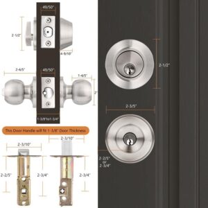 Probrico 2 Sets Front Exterior Door Knob Set with Single Cylinder Deadbolts Satin Nickel,Round Entry Door Knobs with Dead Bolts Combo Pack, Keyed Alike Door Hardware, Contractor Pack