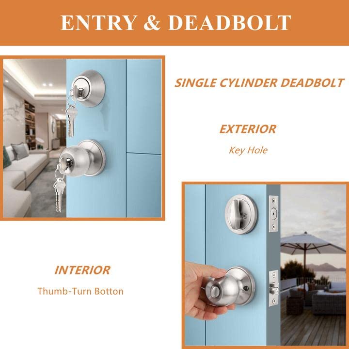 Probrico 2 Sets Front Exterior Door Knob Set with Single Cylinder Deadbolts Satin Nickel,Round Entry Door Knobs with Dead Bolts Combo Pack, Keyed Alike Door Hardware, Contractor Pack