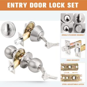 Probrico 2 Sets Front Exterior Door Knob Set with Single Cylinder Deadbolts Satin Nickel,Round Entry Door Knobs with Dead Bolts Combo Pack, Keyed Alike Door Hardware, Contractor Pack