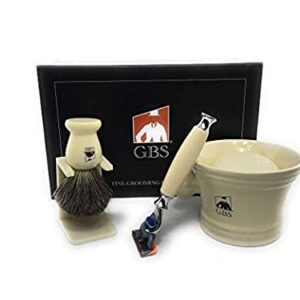 G.B.S Men's Grooming Kit - 5 Blade Ivory Razor, Ceramic Mug, Glycerin Soap, Shaving Brush, Stand Ultimate Includes 1 Blade