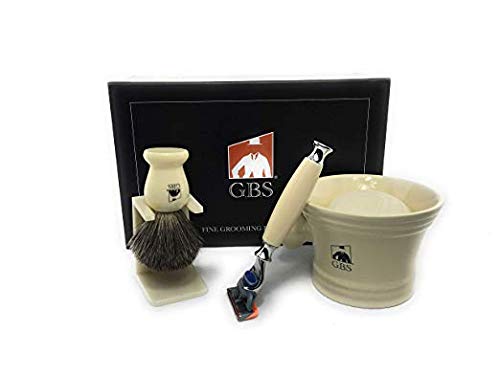 G.B.S Men's Grooming Kit - 5 Blade Ivory Razor, Ceramic Mug, Glycerin Soap, Shaving Brush, Stand Ultimate Includes 1 Blade