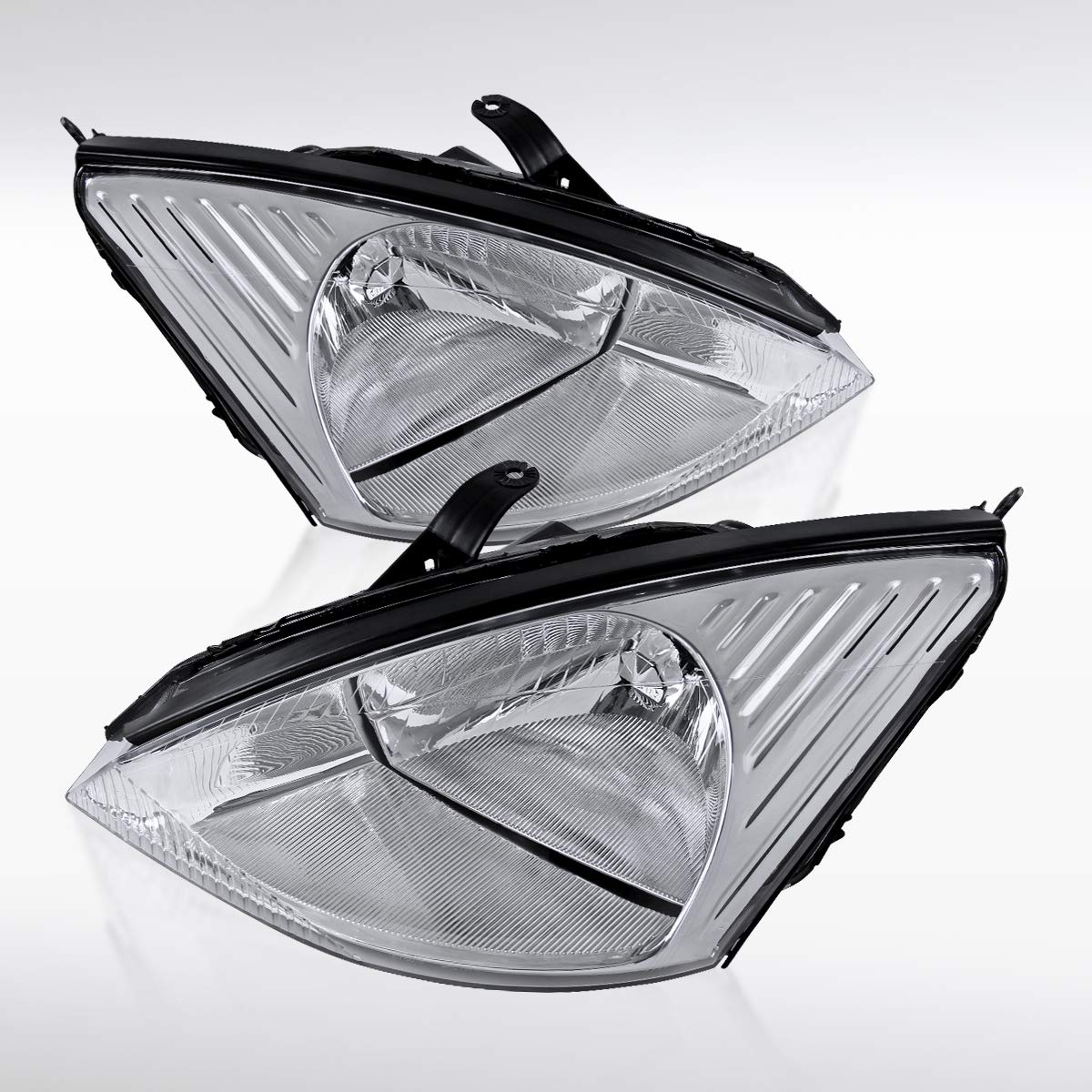 AUTOZENSATION Compatible with 2000-2004 Ford Focus Chrome Clear Headlights L + R Pair Headlamp