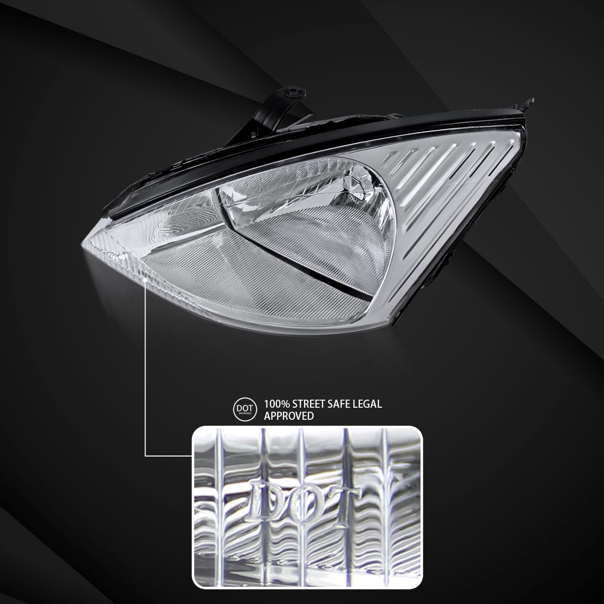 AUTOZENSATION Compatible with 2000-2004 Ford Focus Chrome Clear Headlights L + R Pair Headlamp