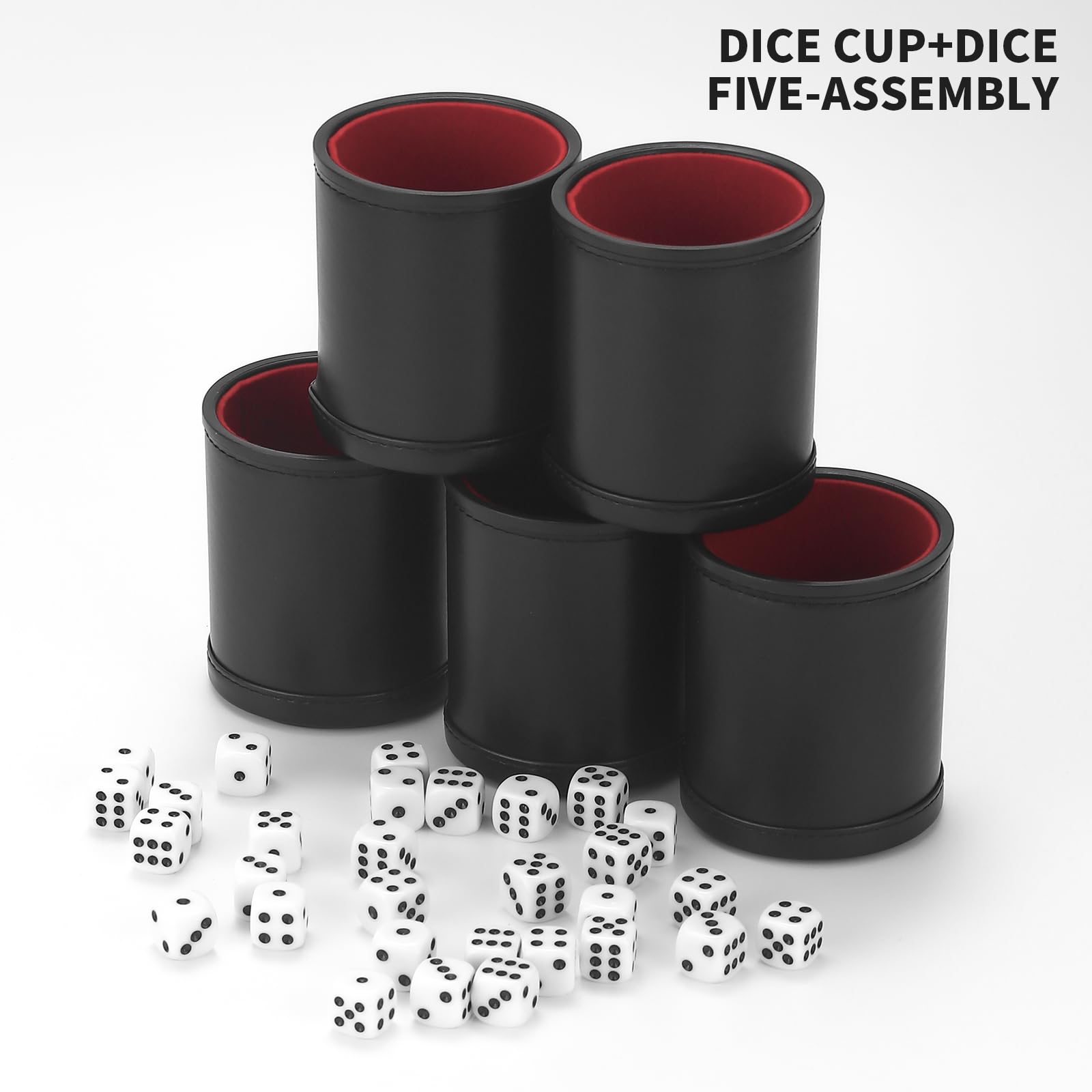 RERIVER 5 Pack PU Leather Dice Cup Set with 6 Dot Dices Felt Lined Quiet Shaker for Yahtzee Bar Party Family Dice Games,Red/Black