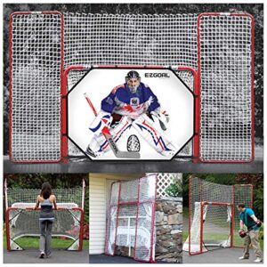 ezgoal 4' x 6' hockey folding steel 2" goal with 10' x 6' backstop, 4 targets nets, a new shooter tutor, red