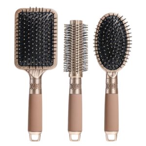 nvted hair brush set with detangling nylon pins massage paddle brush cushion hair combs hair dryer brush for women men kids girls (gold)