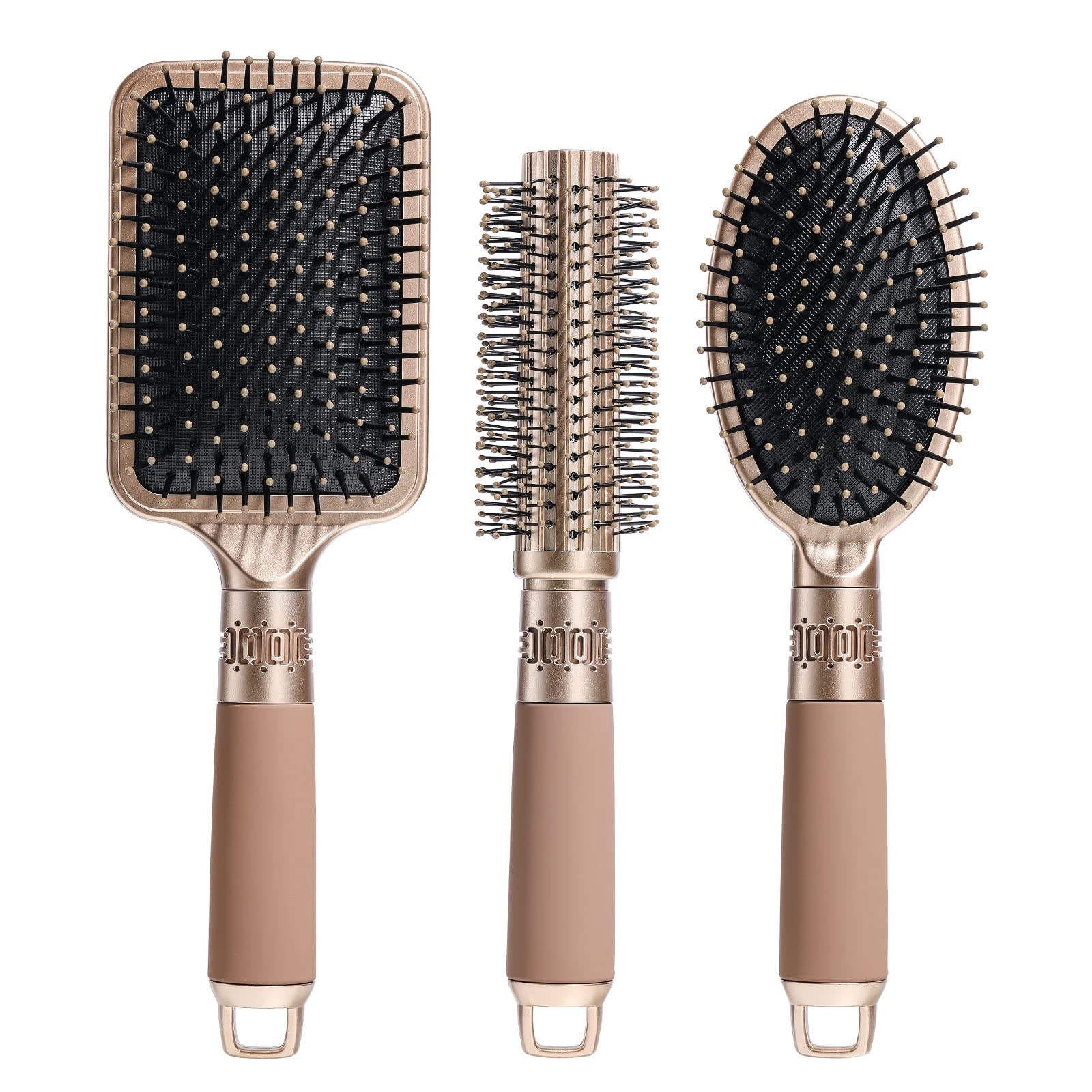 NVTED Hair Brush Set with Detangling Nylon Pins Massage Paddle Brush Cushion Hair Combs Hair Dryer Brush for Women Men Kids Girls (GOLD)