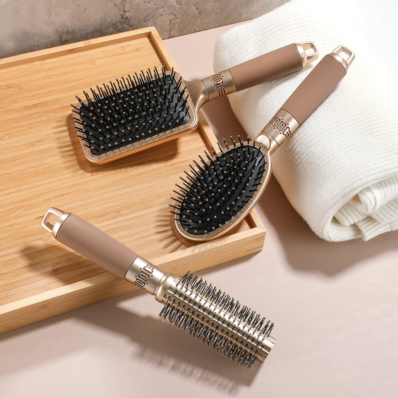 NVTED Hair Brush Set with Detangling Nylon Pins Massage Paddle Brush Cushion Hair Combs Hair Dryer Brush for Women Men Kids Girls (GOLD)