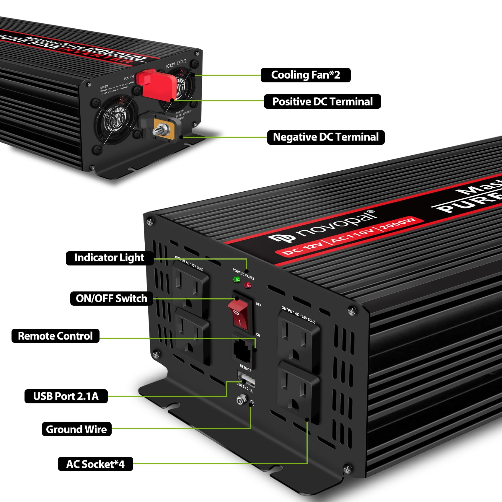 Novopal Power Inverter Pure Sine Wave 2000 Watt 12V DC to 110V/120V AC Converter- 4 AC Outlets Car Inverters with One USB Port,16.4Ft Remote Control-Peak Power 4000 Watt