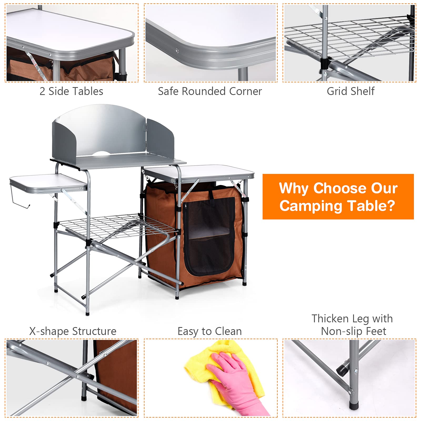 Giantex Folding Grill Table with 26'' Tabletop and Detachable Windscreen, Aluminum Portable Camp Cook Station Carry Bag Quick Set-up, BBQ Camping Picnic Backyard Outdoor Camping Kitchen Table (Brown)