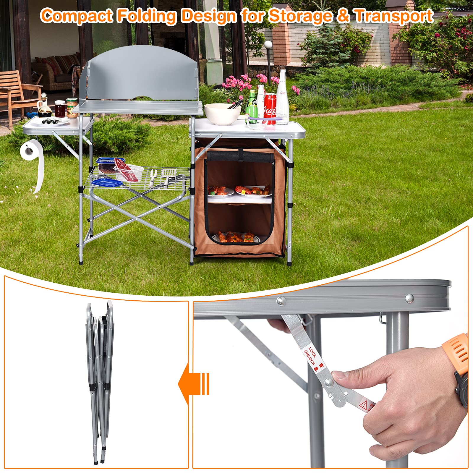 Giantex Folding Grill Table with 26'' Tabletop and Detachable Windscreen, Aluminum Portable Camp Cook Station Carry Bag Quick Set-up, BBQ Camping Picnic Backyard Outdoor Camping Kitchen Table (Brown)