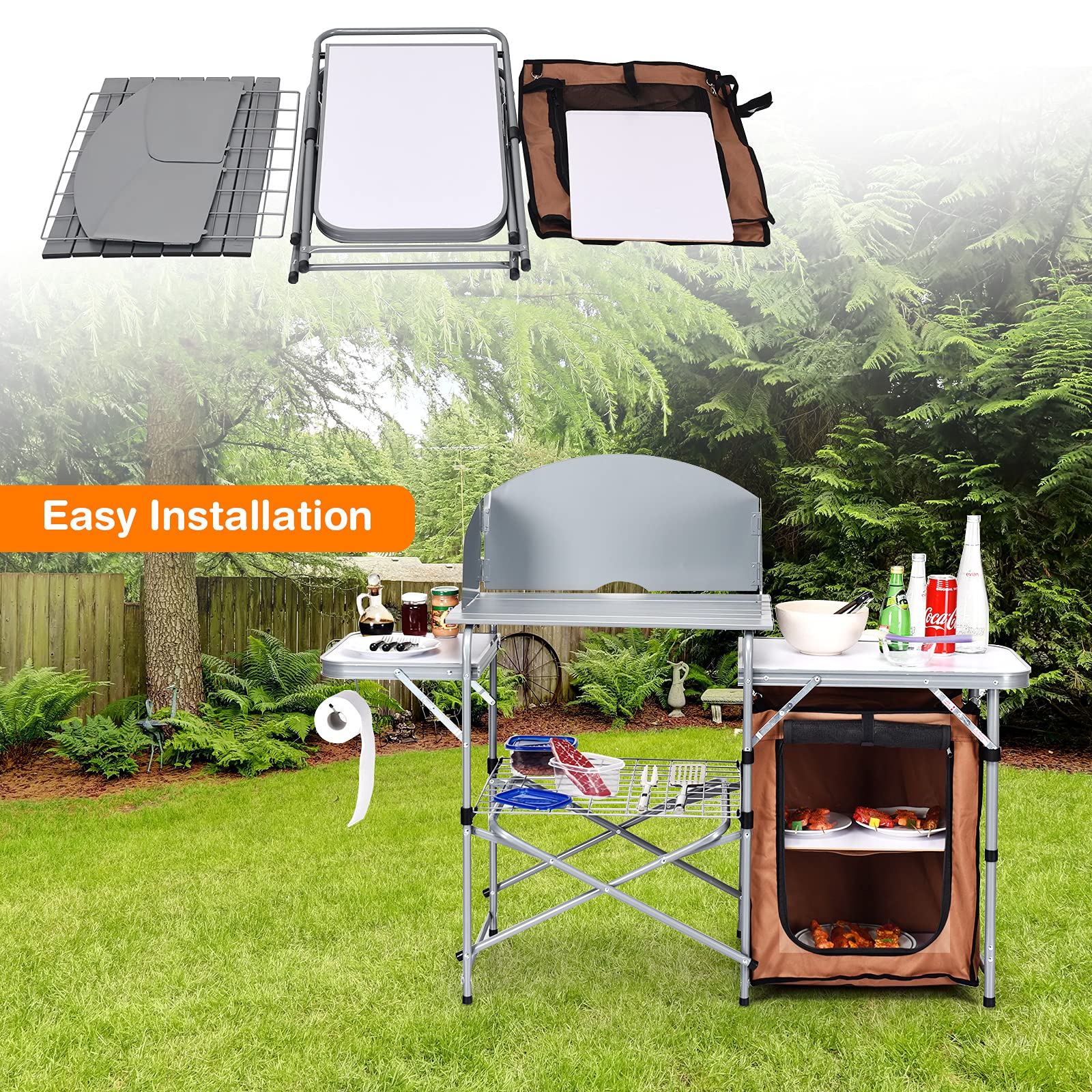 Giantex Folding Grill Table with 26'' Tabletop and Detachable Windscreen, Aluminum Portable Camp Cook Station Carry Bag Quick Set-up, BBQ Camping Picnic Backyard Outdoor Camping Kitchen Table (Brown)