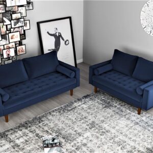 Container Furniture Direct Womble Velvet Upholstered Living Room Diamond Tufted Chesterfield Loveseat With Gleaming Nailhead, Space Blue