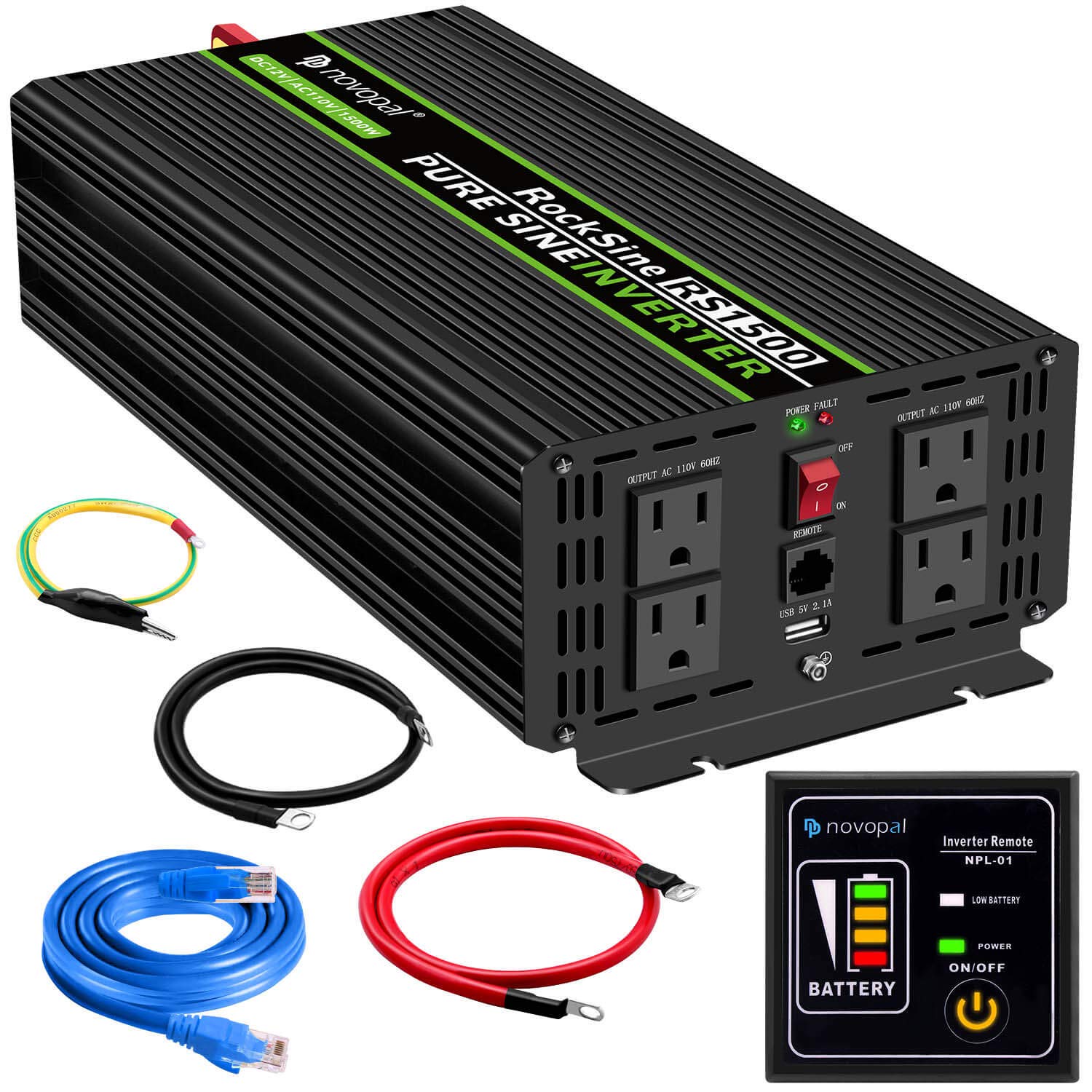 Novopal Power Inverter Pure Sine Wave-1500 Watt 12V DC to 110V/120V AC Converter- 4 AC Outlets Car Inverter with One USB Port-16.4Ft Remote Control and Two Cooling Fans-Peak Power 3000 Watt Black