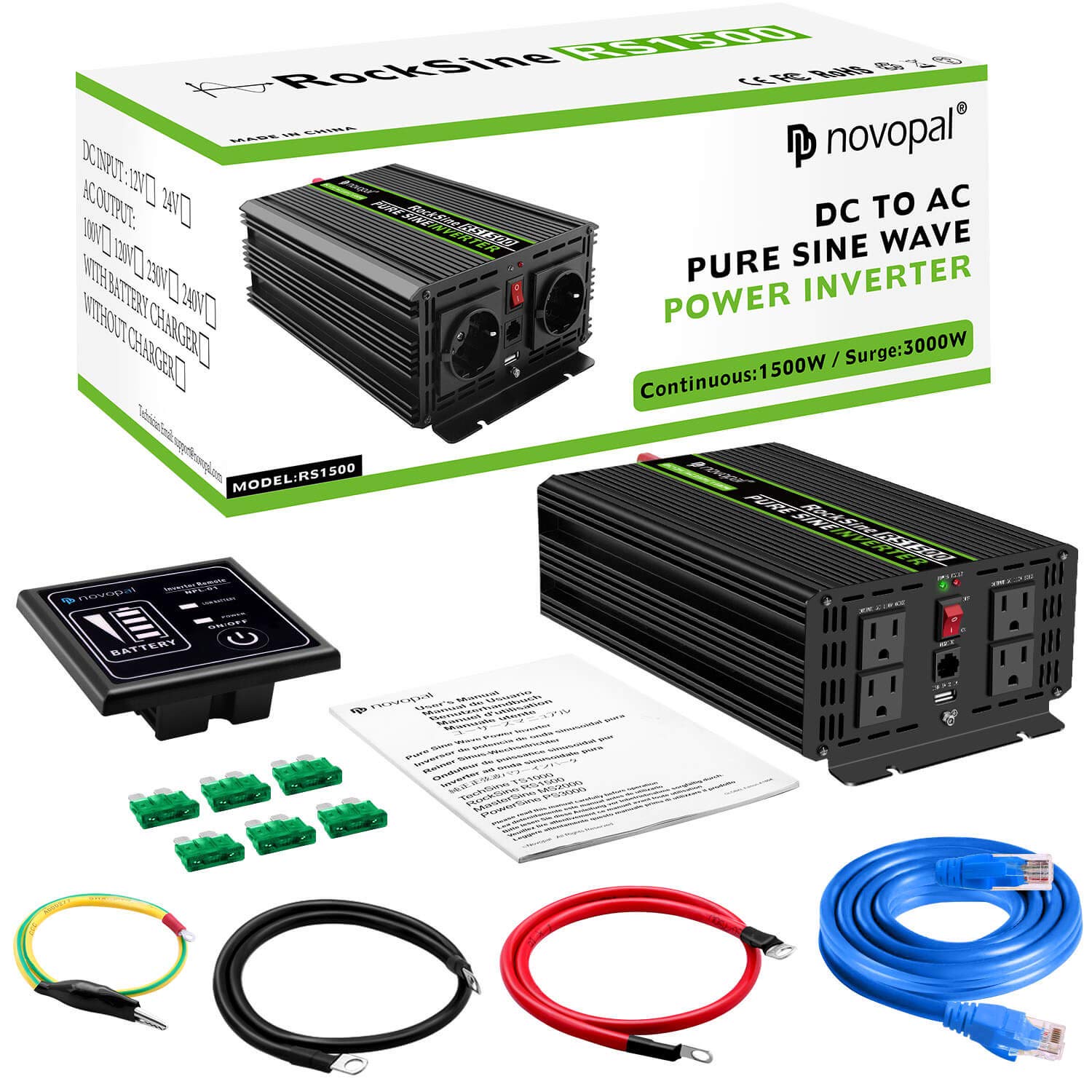 Novopal Power Inverter Pure Sine Wave-1500 Watt 12V DC to 110V/120V AC Converter- 4 AC Outlets Car Inverter with One USB Port-16.4Ft Remote Control and Two Cooling Fans-Peak Power 3000 Watt Black