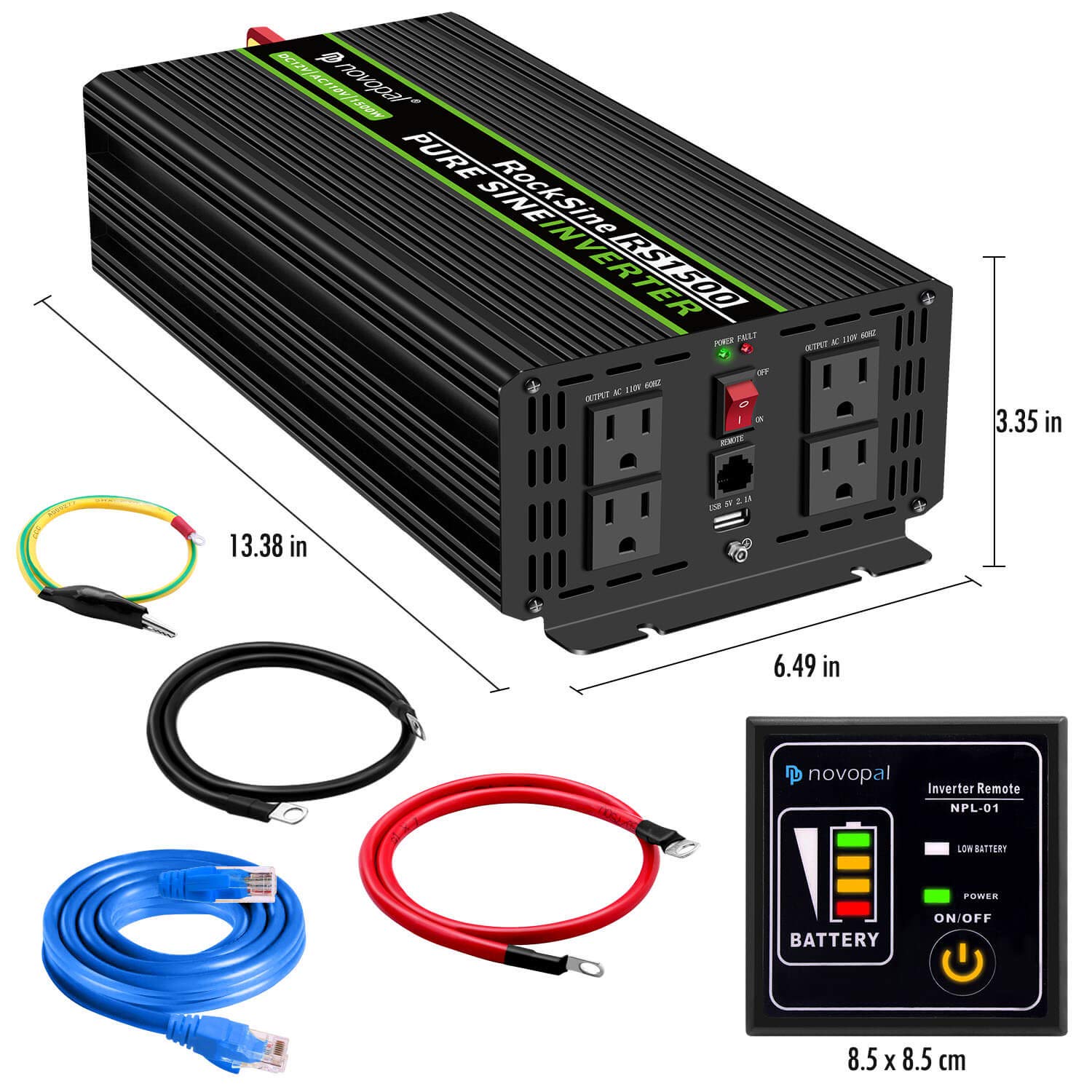 Novopal Power Inverter Pure Sine Wave-1500 Watt 12V DC to 110V/120V AC Converter- 4 AC Outlets Car Inverter with One USB Port-16.4Ft Remote Control and Two Cooling Fans-Peak Power 3000 Watt Black