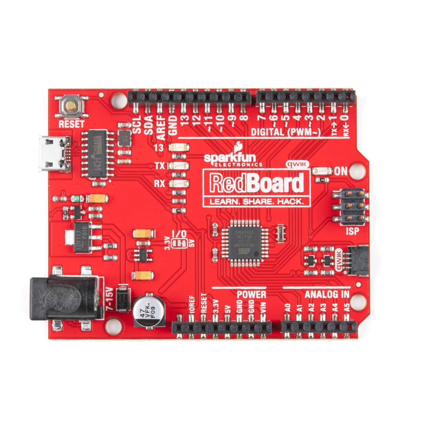 SparkFun RedBoard Qwiic ATMega328P compatible with Arduino board w/ Qwiic Connector and CH340C Serial-USB Converter IC Breadboardable R3 footprint microcontroller Improved reset button