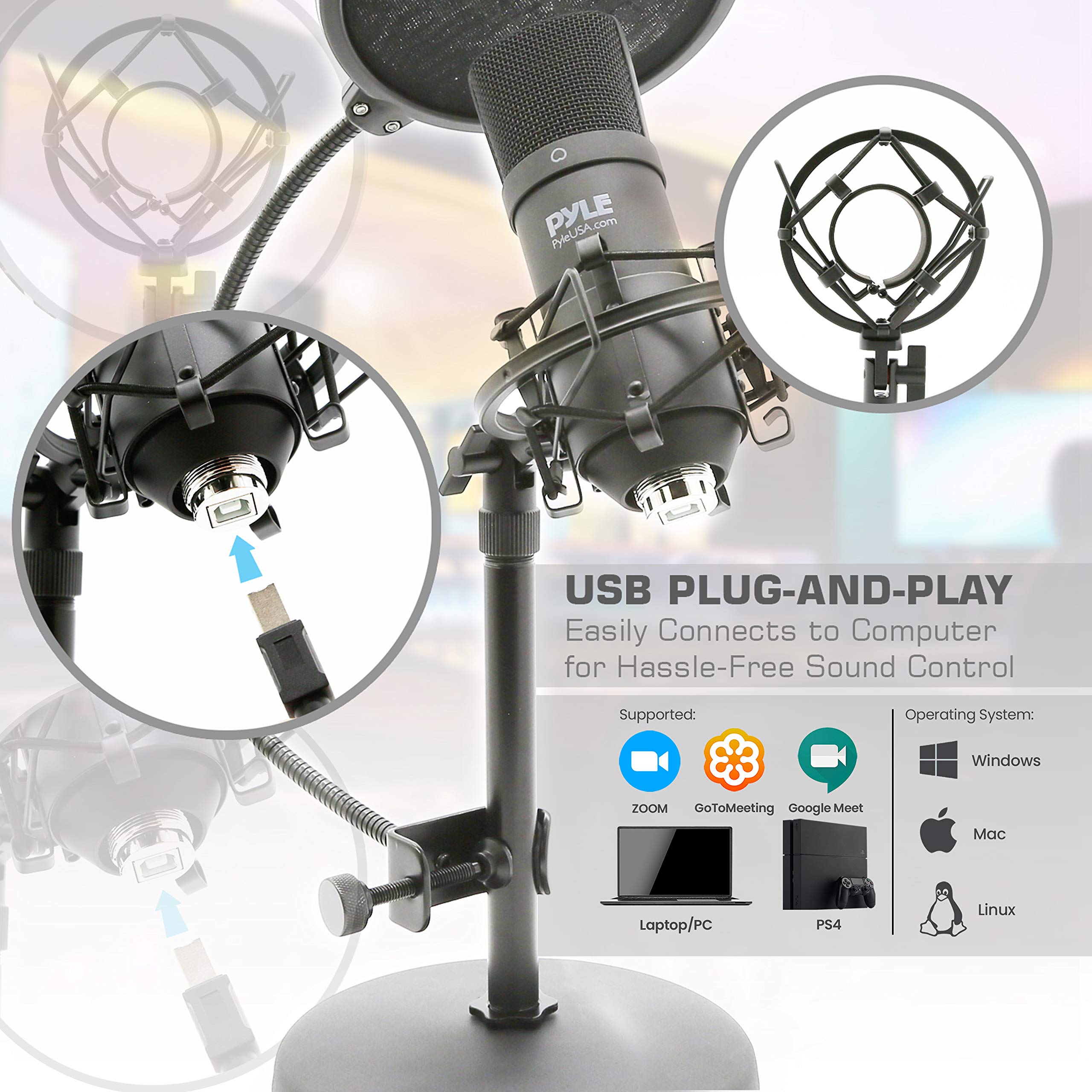 Pyle USB Microphone Kit, Cardioid Condenser Mic with Desktop Stand, Ideal for Gaming, Streaming, Podcasting, Studio, YouTube, Works with Windows, Mac, Linux - PDT100