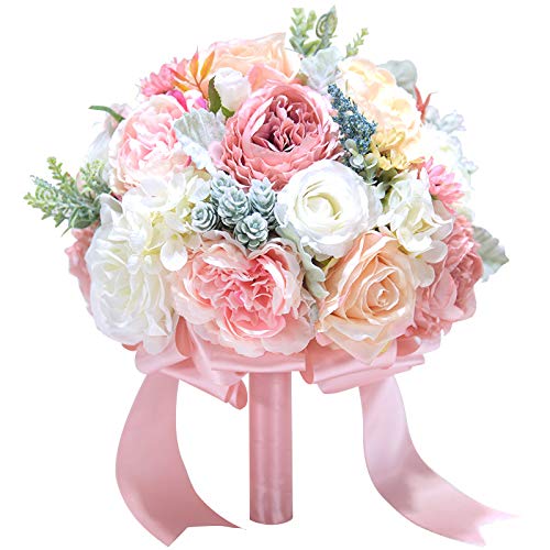 Abbie Home 10 inches Bride Bouquets - Artificial Wedding Flower Real Touch Blooming Rose Peony Holding Bouquet with Satin Ribbon Décor (Blush Pink)