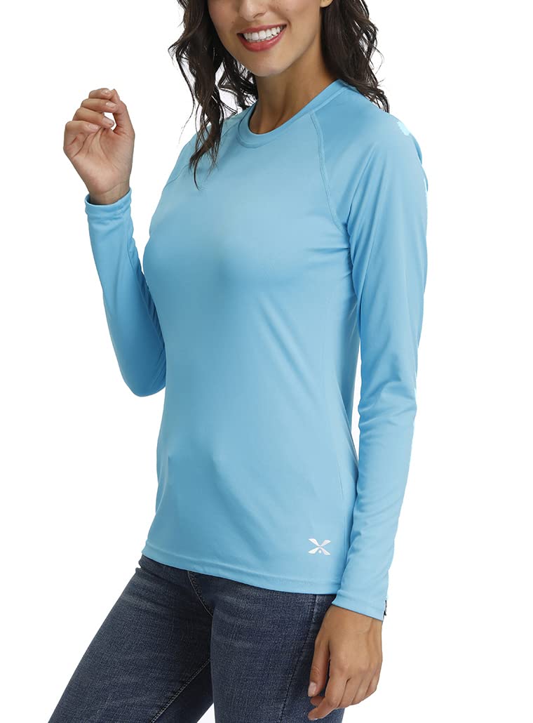 Women's UPF 50+ Sun Protection Long Sleeve Performance Active Top Shirts Fitness Workout Running Sports Leisure T-Shirt (L, Sky Blue)